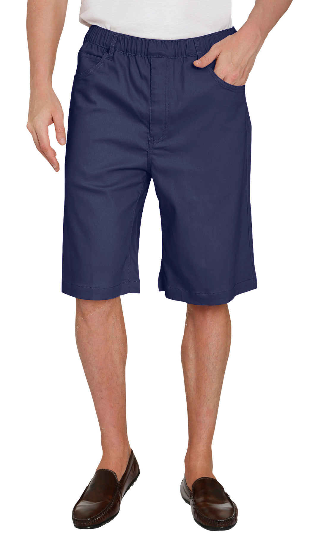 Turtle Bay men's pull-on stretch denim and twill shorts in Twill Navy, front view