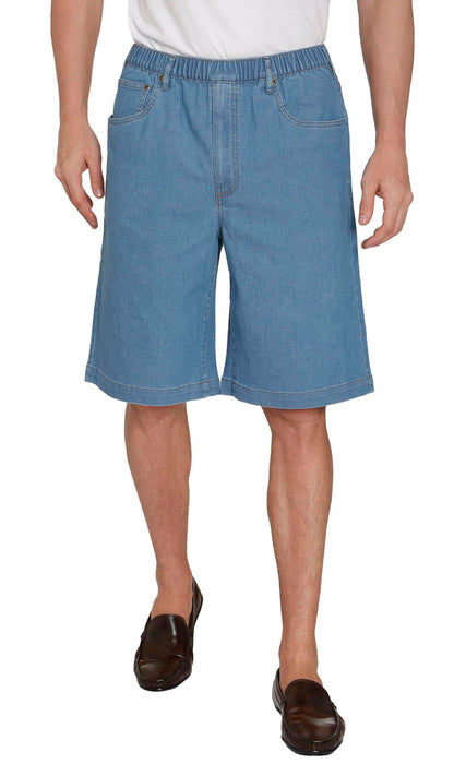 Turtle Bay men's pull-on stretch denim and twill shorts in Denim Stone Wash, front view