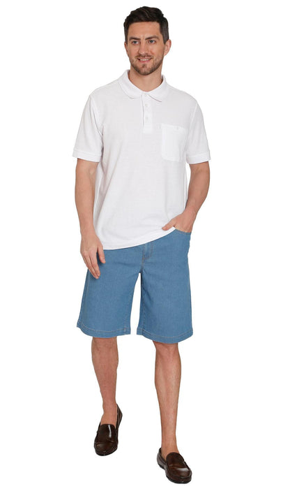 Turtle Bay men's pull-on stretch denim and twill shorts in Denim Stone Wash, full-length view
