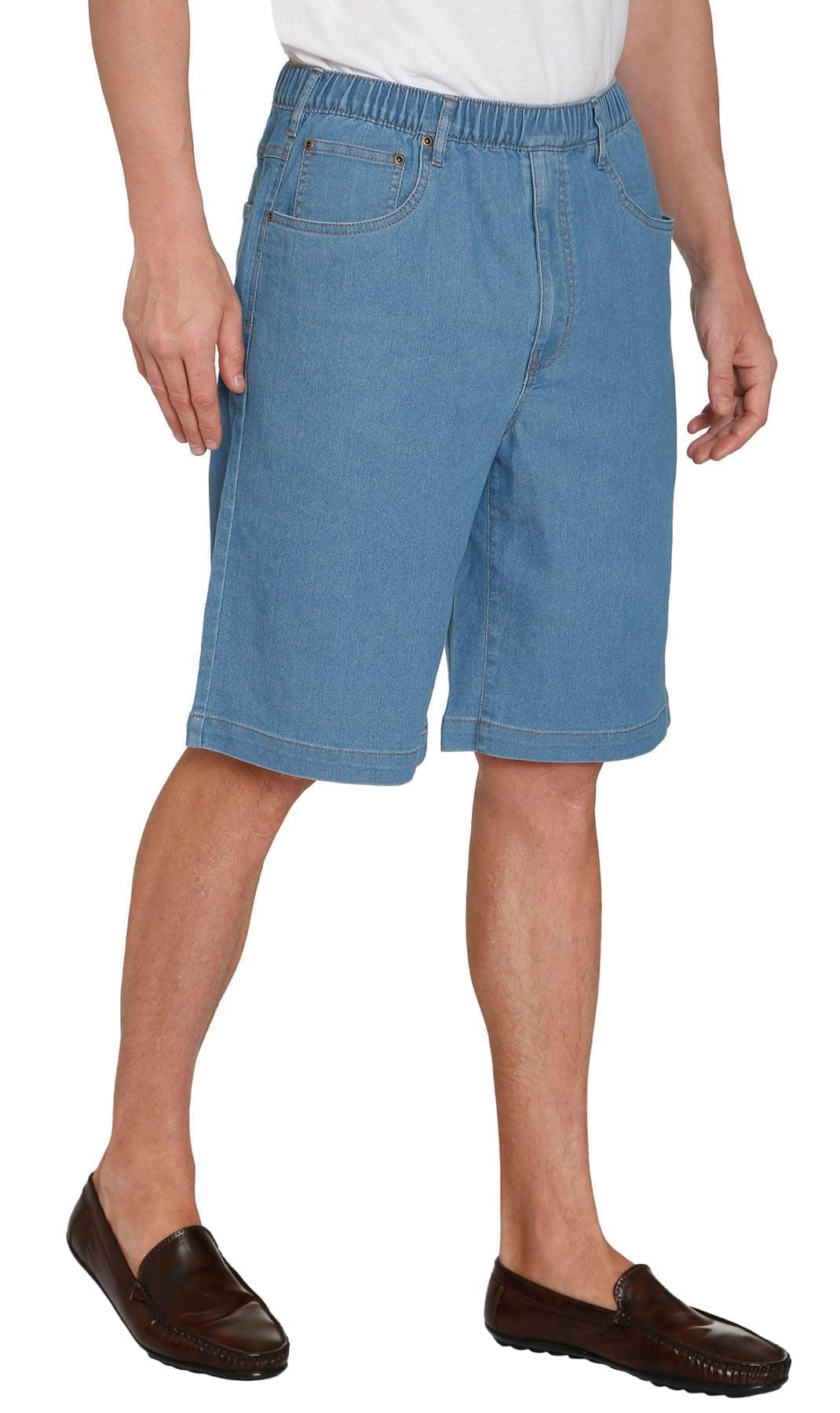 Turtle Bay men's pull-on stretch denim and twill shorts in Denim Stone Wash, side view