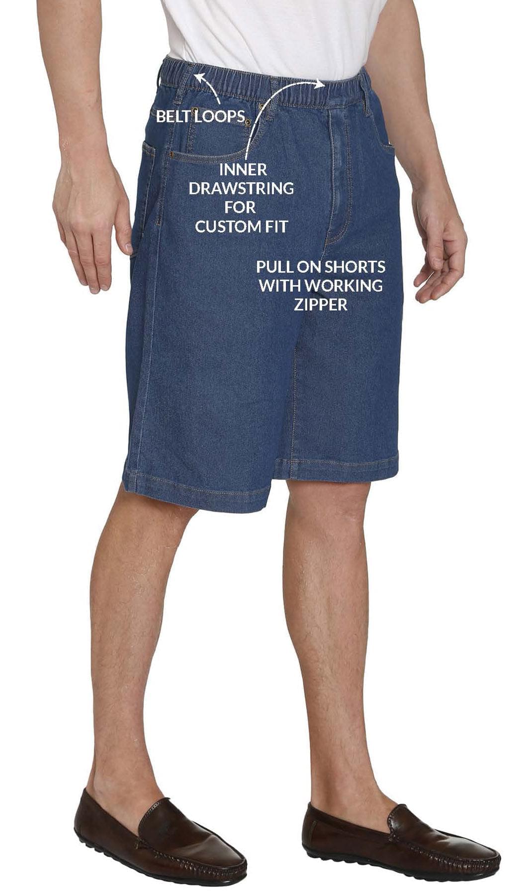 Turtle Bay men's pull-on stretch denim and twill shorts, close detail