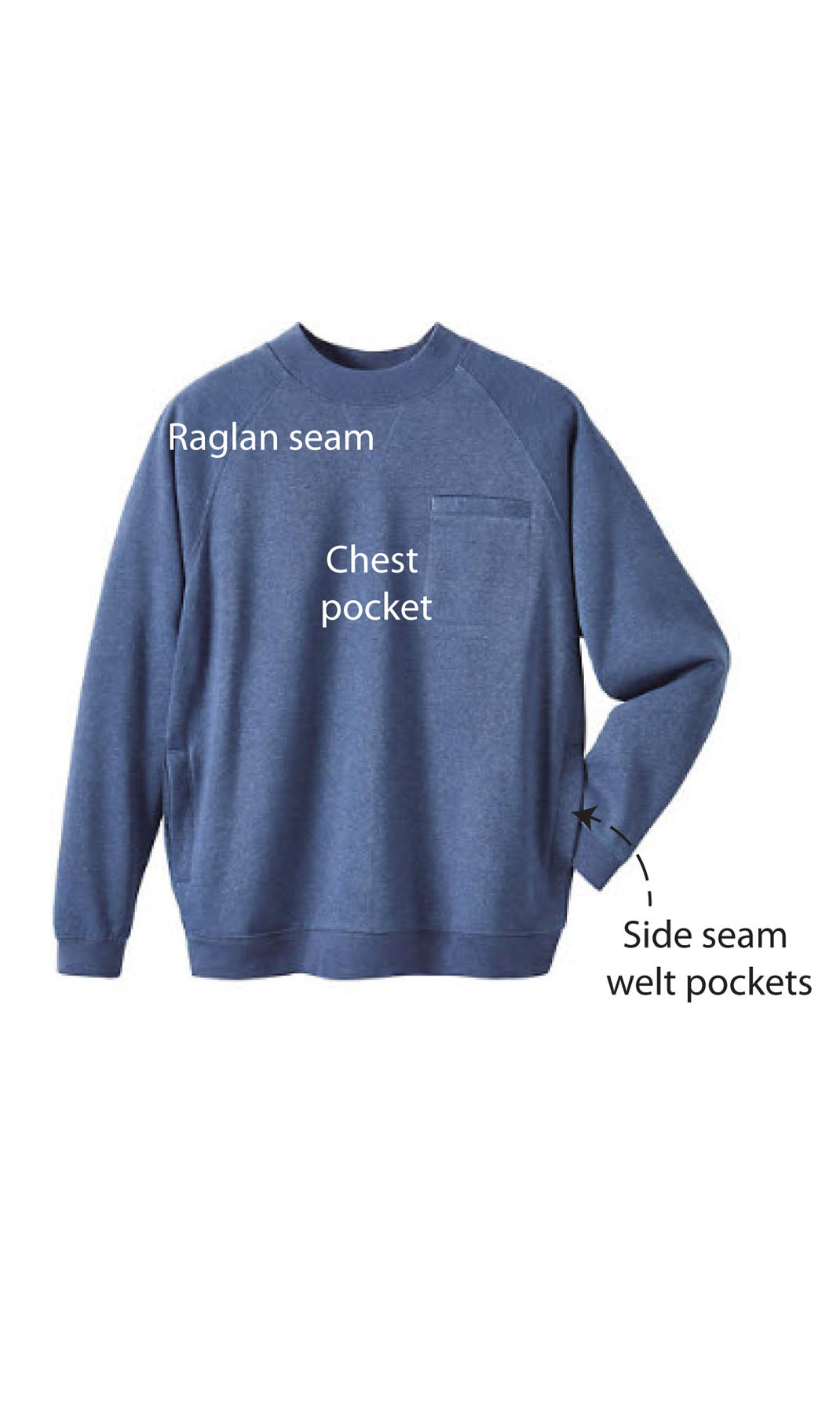 Turtle Bay men's 3-pocket fleece sweatshirt, close detail