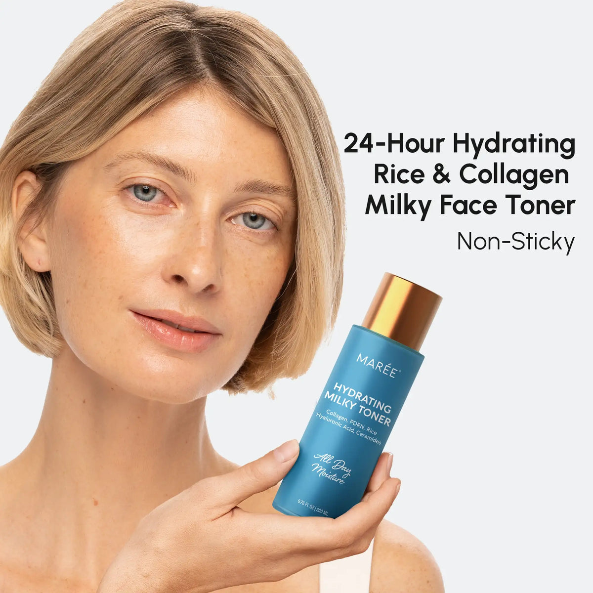 Woman holding a bottle of Märe Hydrating Milky Toner with text about product features.