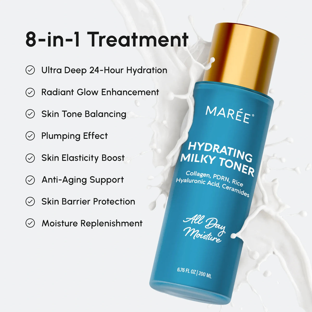 Blue toner bottle with gold cap labeled 'Mareé Hydrating Milky Toner' on a white background with product benefits listed.