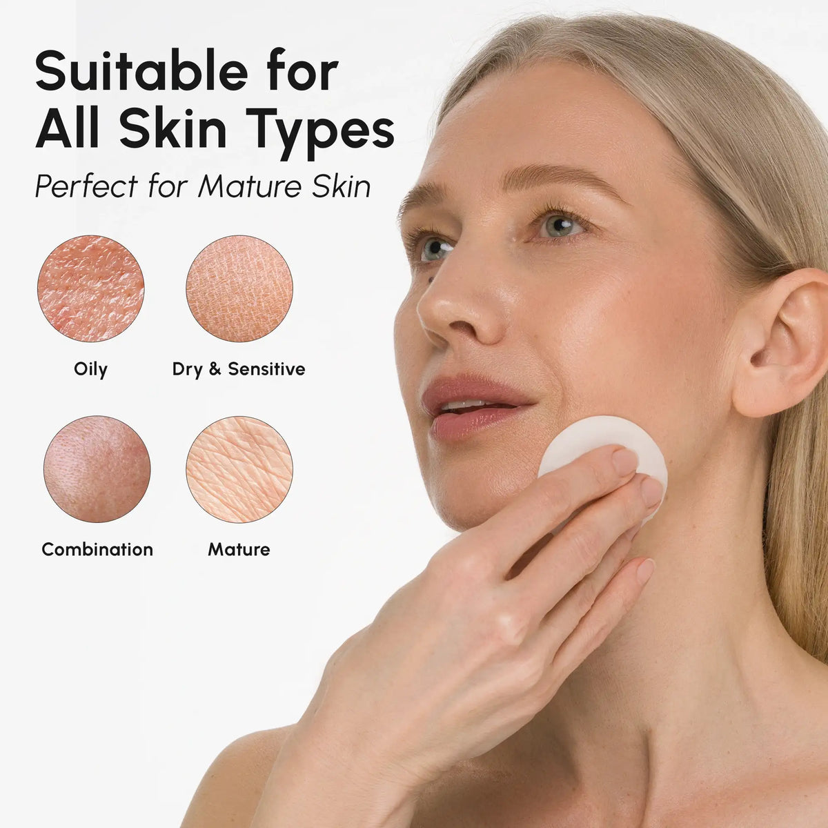 Woman applying cream to her face with skin type icons below.