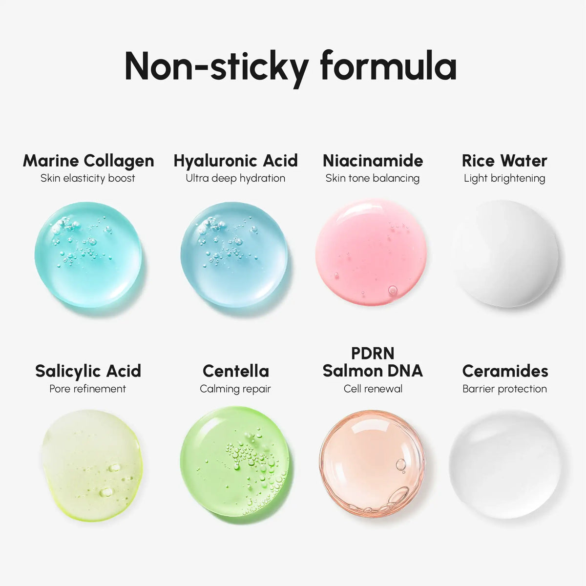 Illustration of various skincare ingredients with their benefits on a white background