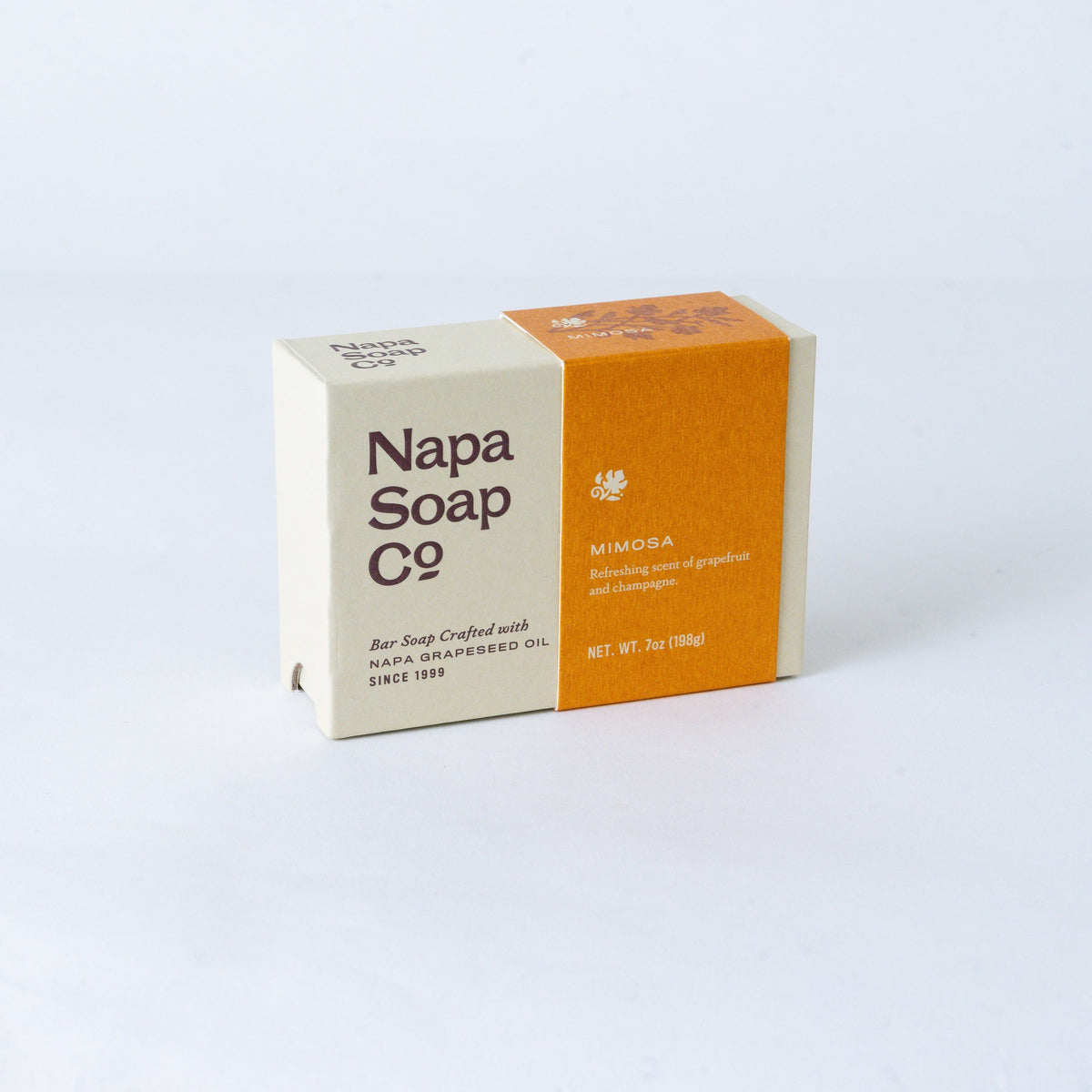 Mimosa Bar Soap packaging by Napa Soap Company, on a white background