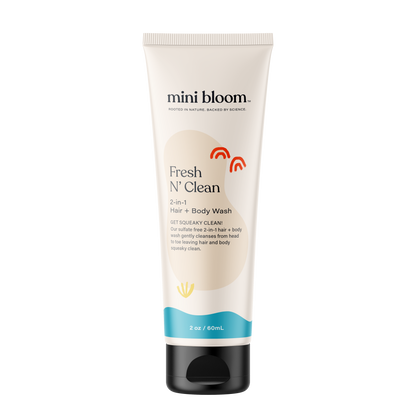 mini bloom Fresh N’ Clean 2-in-1 hair and body wash, 2 oz travel-size bottle