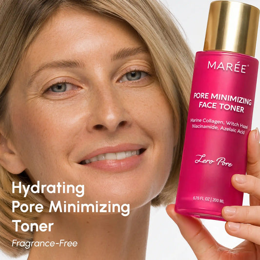 Woman holding a pink bottle of MARÓE Pore Minimizing Face Toner with text about hydrating properties.