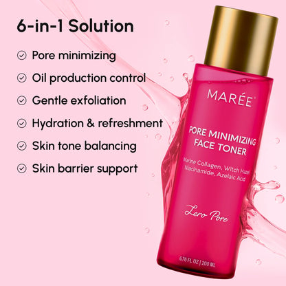 Maré Pore Minimizing Face Toner bottle with product features on a pink background