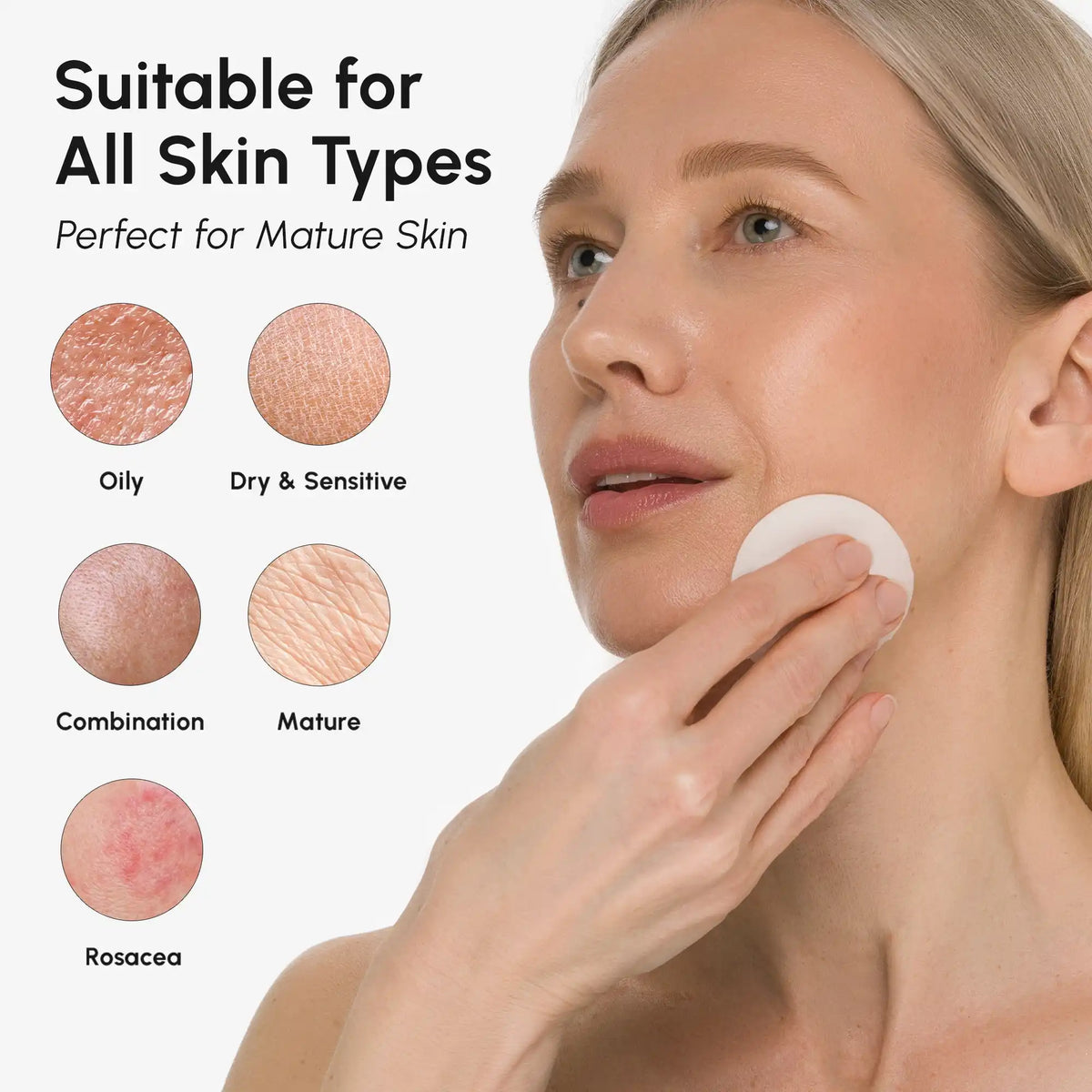 Woman applying cream to her face with skin type suitability chart below.