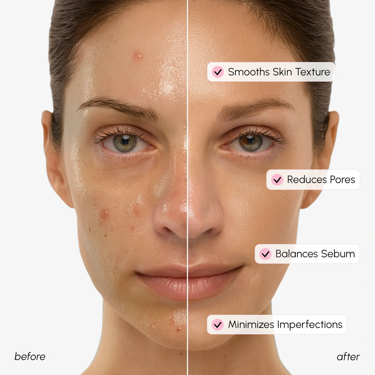Before and after comparison of a woman's face with skin care benefits highlighted.