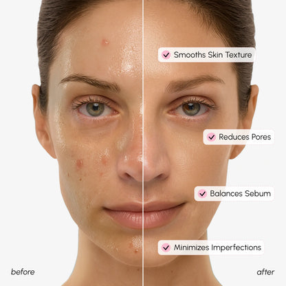 Before and after comparison of a woman's face with skin care benefits highlighted.