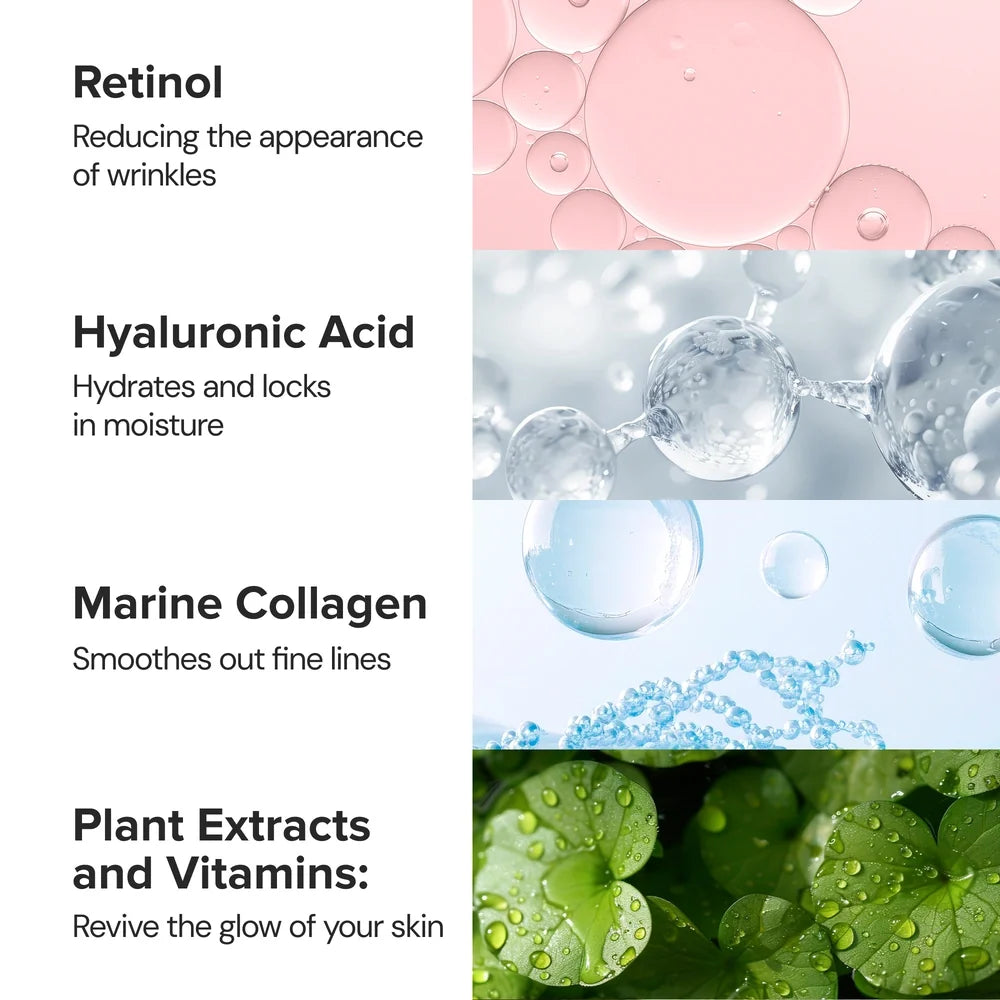 Skincare product features with retinol, hyaluronic acid, marine collagen, and plant extracts on a white background.