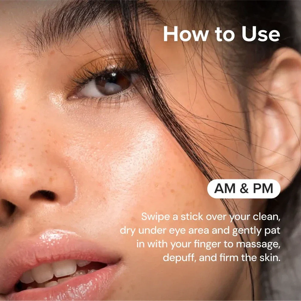 Close-up of a woman's face with text on how to use a product, specifically for under-eye area.