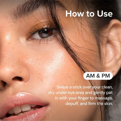 Close-up of a woman's face with text on how to use a product, specifically for under-eye area.