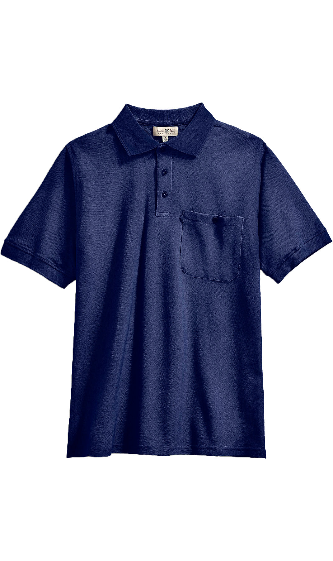 Turtle Bay men's short sleeve pique knit polo shirt in Navy, styled photo