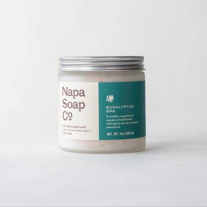 Eucalyptus Spa bath salt soak jar from Napa Soap Company on a white background