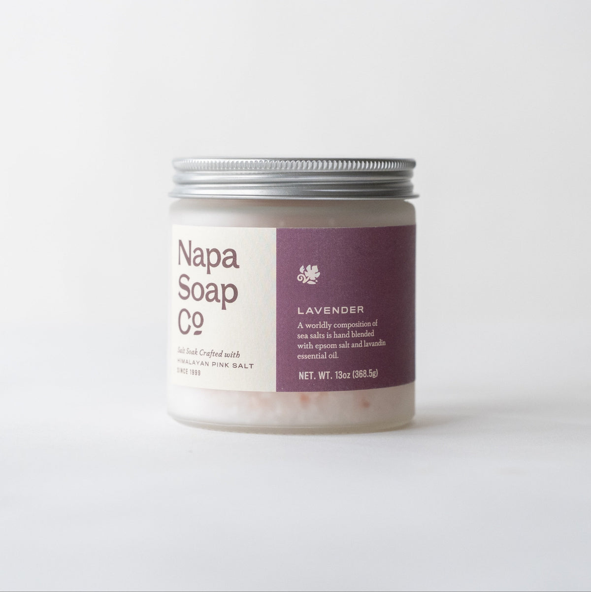 Lavender bath salt soak jar from Napa Soap Company on a white background
