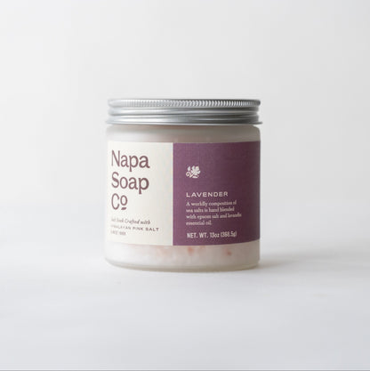 Lavender bath salt soak jar from Napa Soap Company on a white background