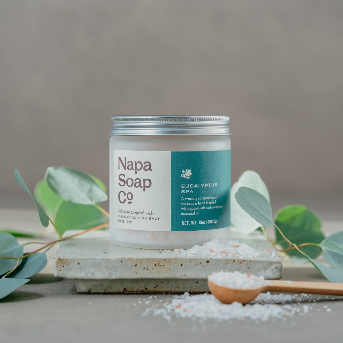 Eucalyptus Spa bath salt soak jar on a neutral background