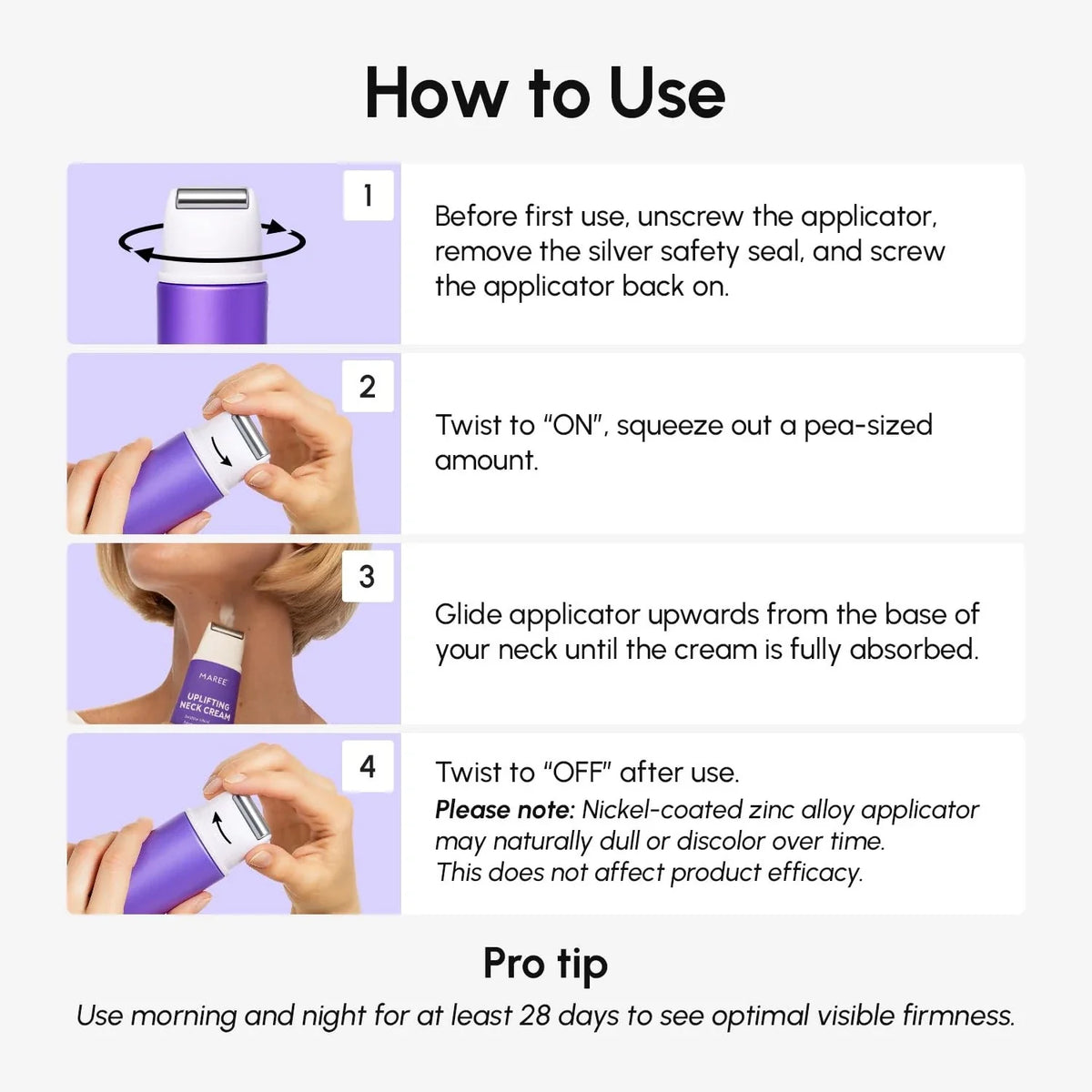 Instructions on how to use a skincare product with step-by-step illustrations and text.