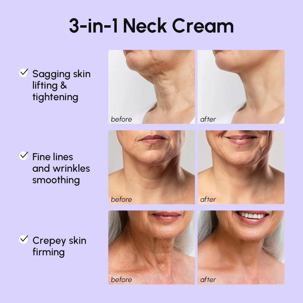 Advertisement for 3-in-1 neck cream showing before and after effects on skin sagging, fine lines, and crepey skin.