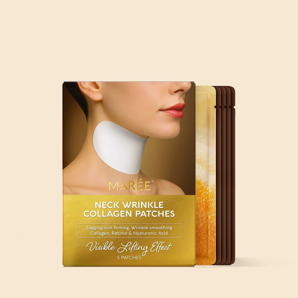 Pack of neck wrinkle collagen patches with a woman's face on the packaging.