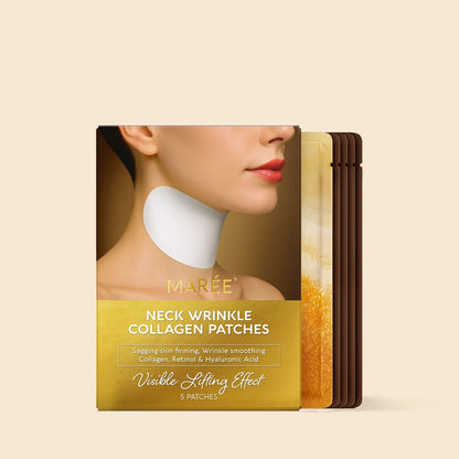 Pack of neck wrinkle collagen patches with a woman's face on the packaging.