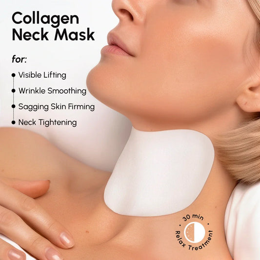 Collagen neck mask applied to a person's neck with text highlighting its benefits.
