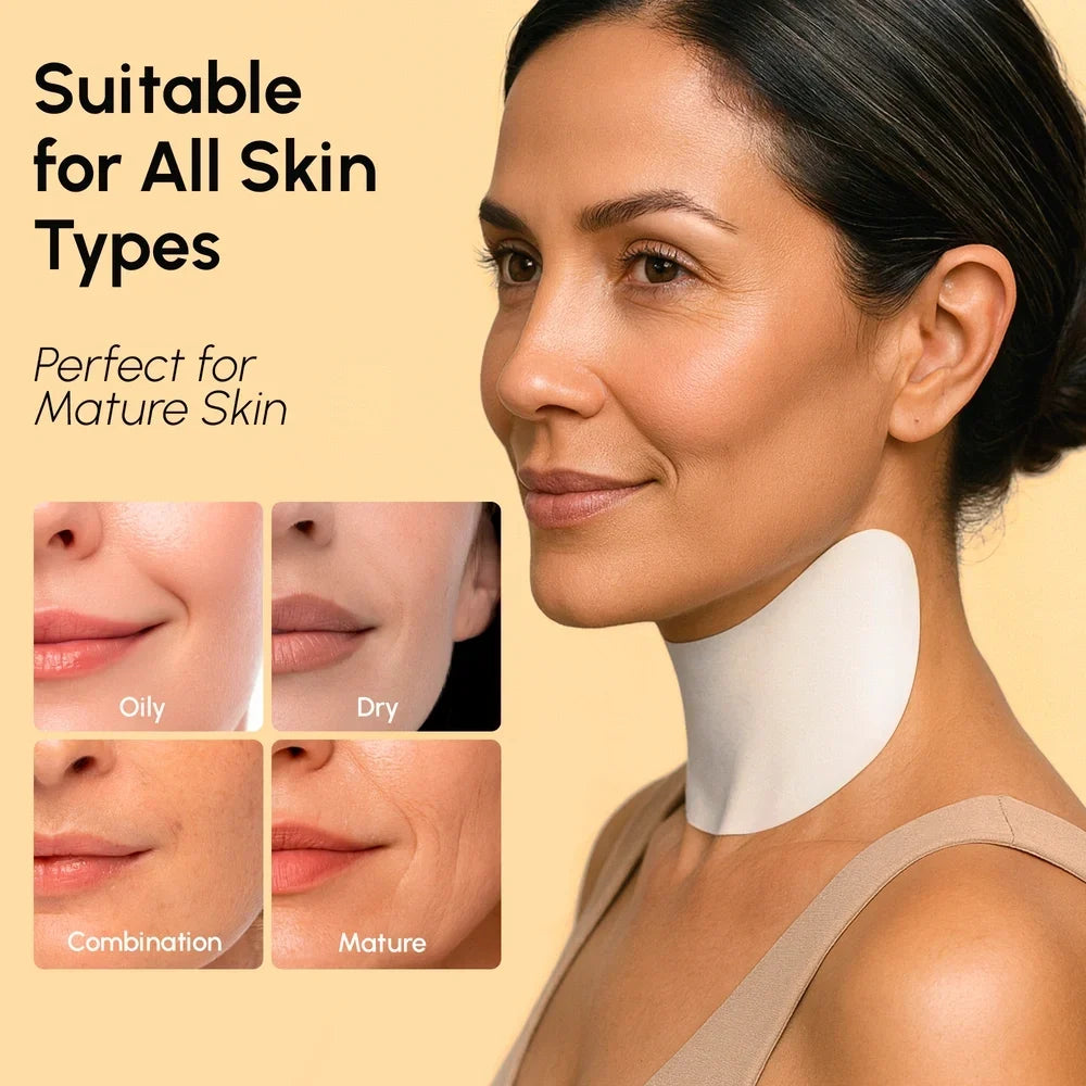 Woman wearing a neck strap with text indicating suitability for all skin types and mature skin.