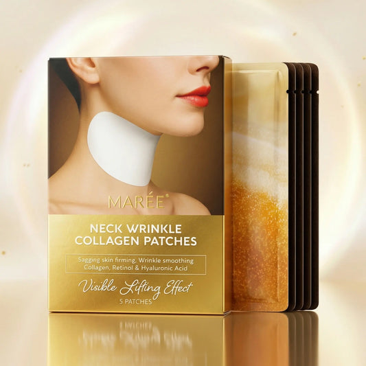 Packaging of Neck Wrinkle Collagen Patches with a woman's neck on a beige background