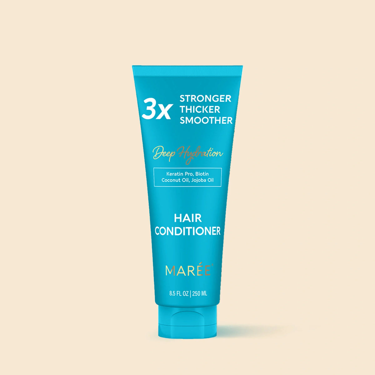 Blue hair conditioner tube with text on a beige background