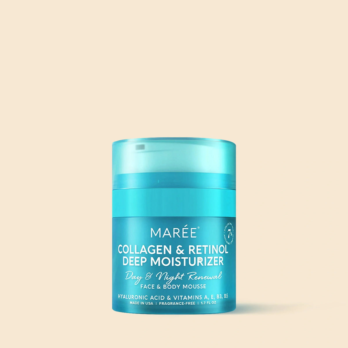 Blue jar of Maré Collagen & Retinol Deep Moisturizer on a beige background