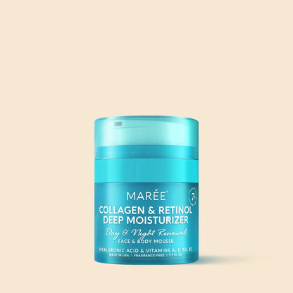 Blue jar of Maré Collagen & Retinol Deep Moisturizer on a beige background