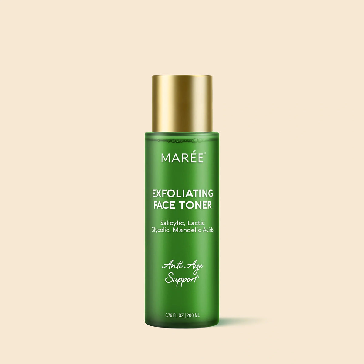 Green bottle of Maré Exfoliating Face Toner with gold cap on beige background