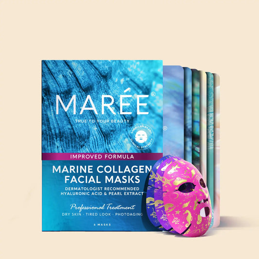 A set of MARÉE Marine Collagen Facial Masks shown with a large blue box in front and several colorful masks fanned behind it on a clean white background.