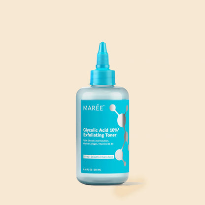 Bottle of Maree Glycolic Acid 10% Exfoliating Toner on a beige background