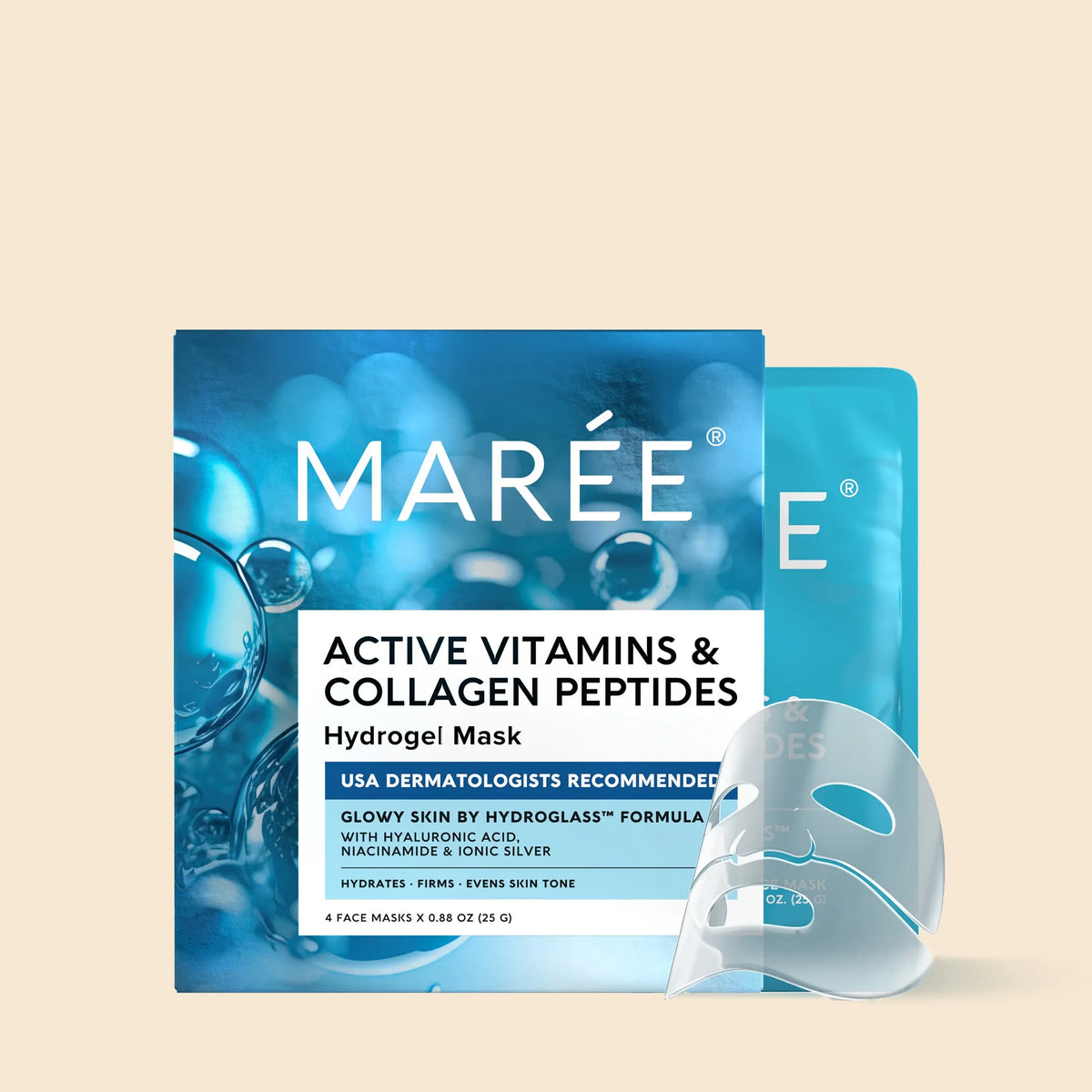 Marée active vitamins and collagen peptides hydrogel mask packaging on a beige background