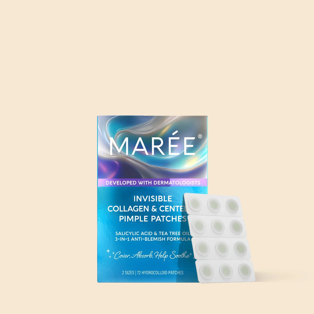Marée invisible collagen and center pimple patches packaging on a beige background