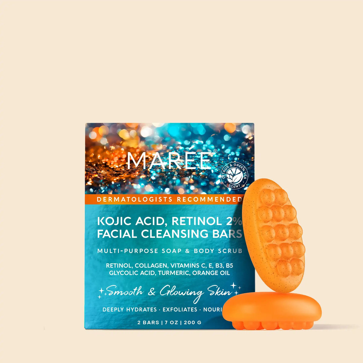 Maree facial cleansing bars with packaging on a beige background