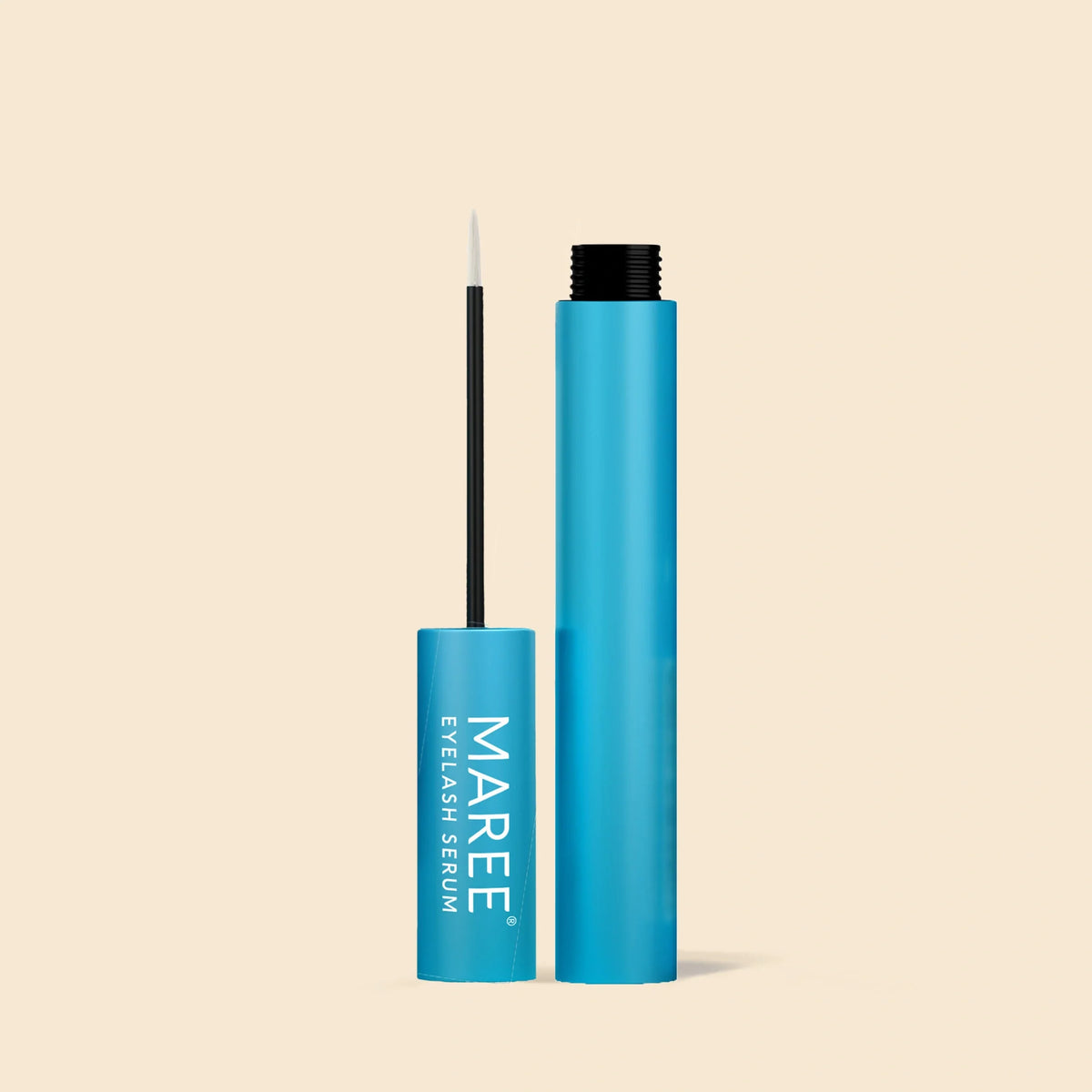 Blue MAREE eyelash serum bottles on a beige background