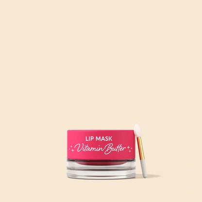Lip mask with pink container and applicator on a beige background