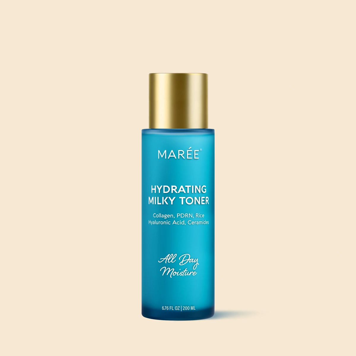 Blue bottle of MARé Hydrating Milky Toner with gold cap on beige background