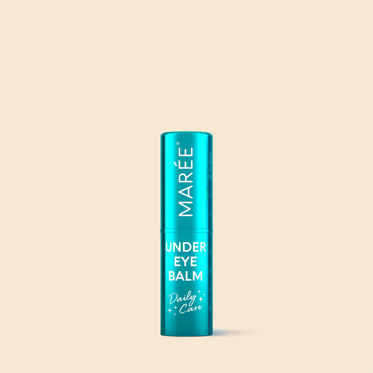 Blue under eye balm container with 'Maree' branding on a beige background