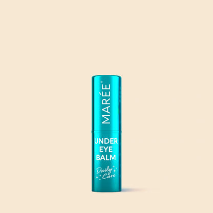 Blue under eye balm container with 'Maree' branding on a beige background