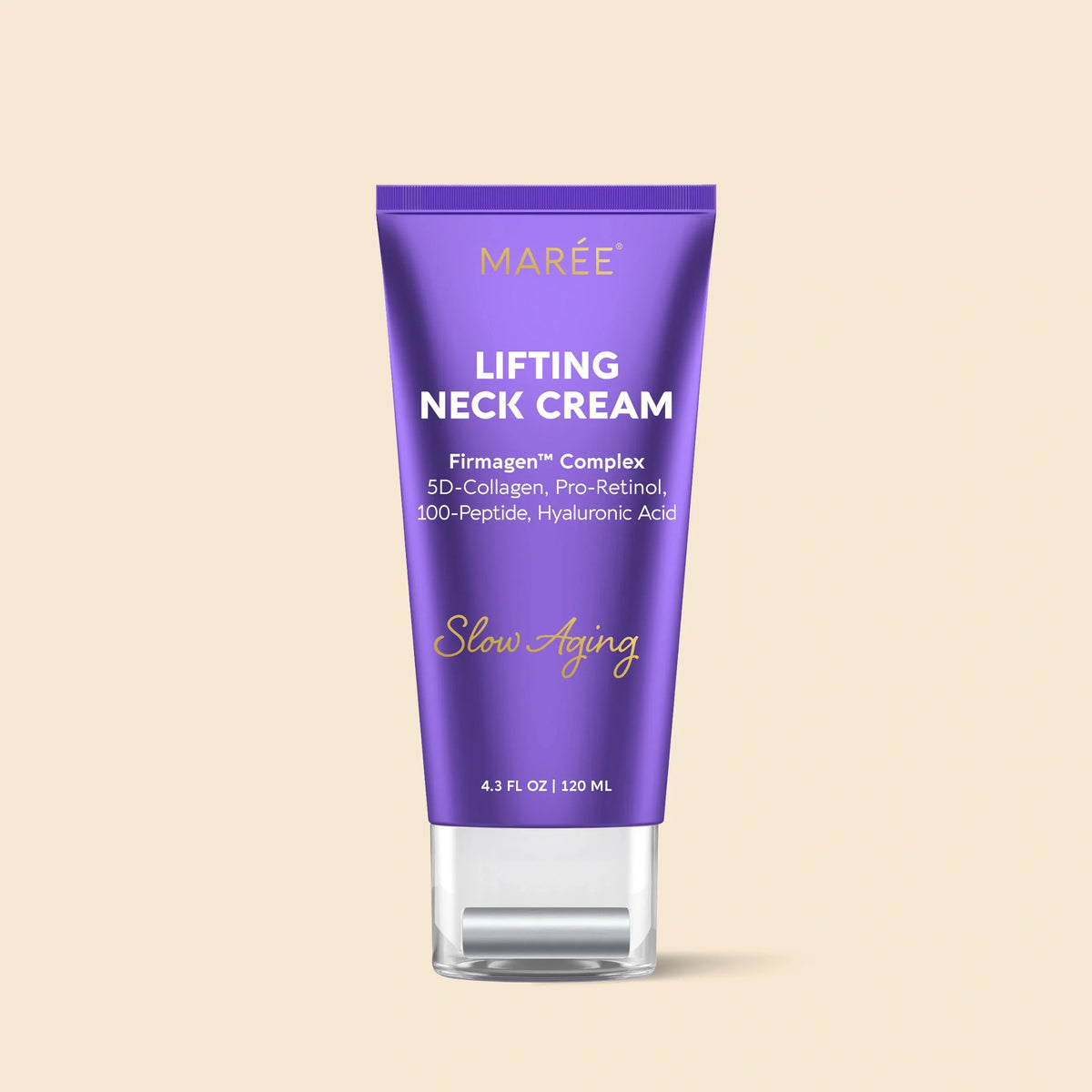 A purple squeeze tube of Marée Lifting Neck Cream with a clear cap, centered on a plain white background.