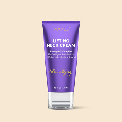 A purple squeeze tube of Marée Lifting Neck Cream with a clear cap, centered on a plain white background.