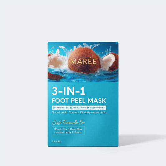 A box of Marée 3-In-1 Foot Peel Mask, featuring a bright blue and teal design with a coconut graphic and white text, set against a light gray background.