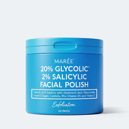 A blue plastic jar of MARÉE 20% Glycolic and 2% Salicylic Facial Polish with Exfoliation, featuring 50 pads, shown on a clean white background with a soft shadow.